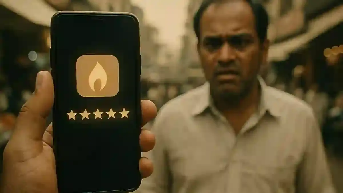 A phone displaying a five-star rating for an app that is, as of this printing, still not real.