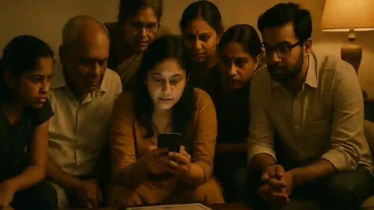 A family gathers around a single phone to watch the quiz results load, as tradition dictates.